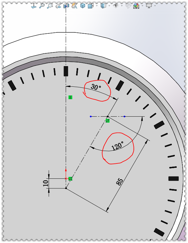 用SolidWorks画一个钟表，画法和直尺基本相同