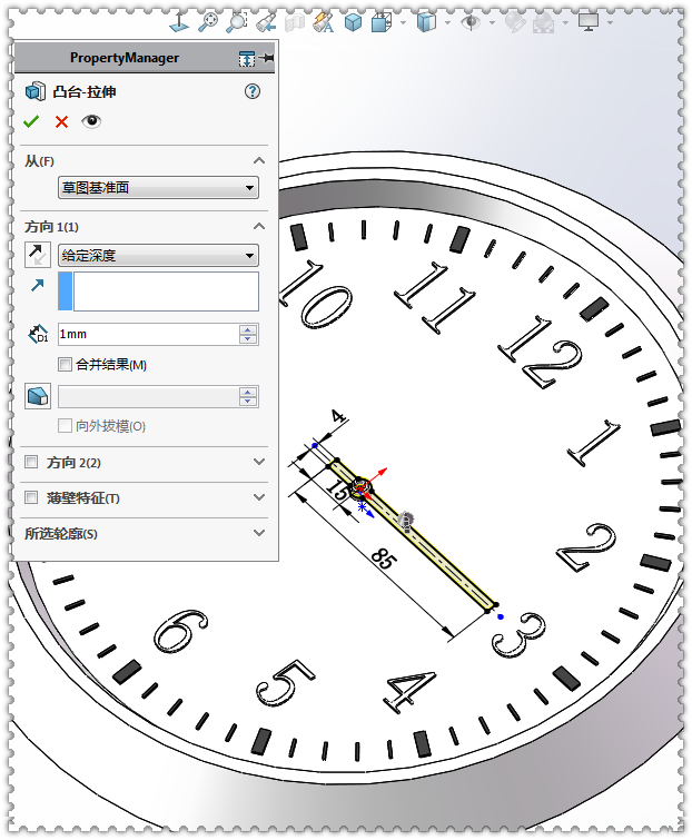 用SolidWorks画一个钟表，画法和直尺基本相同