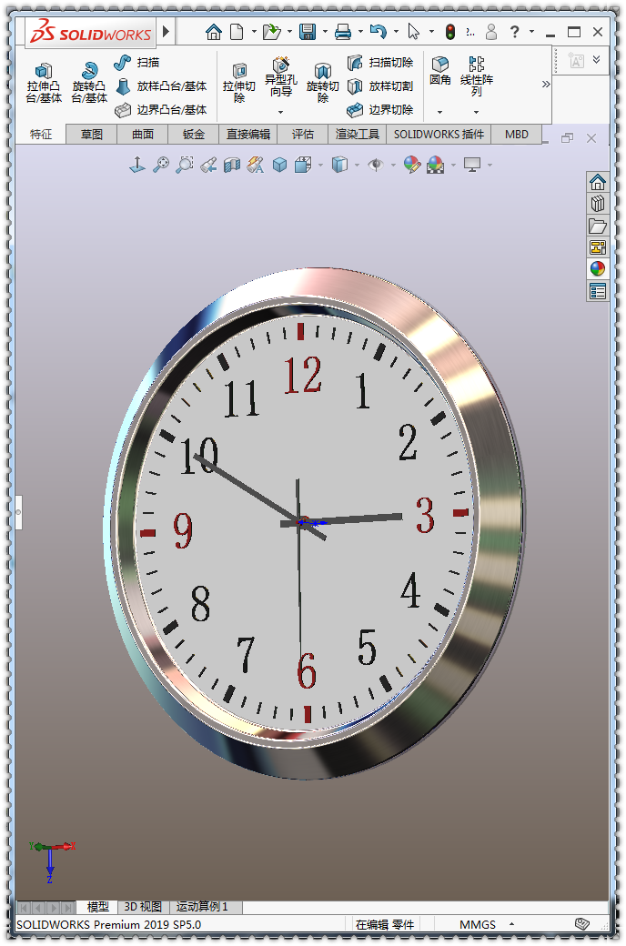 用SolidWorks画一个钟表，画法和直尺基本相同